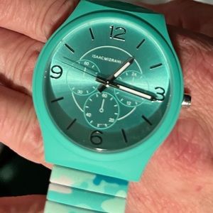Isaac Mizrahi watch, mint green w/ camo green stretch band. Small. New battery